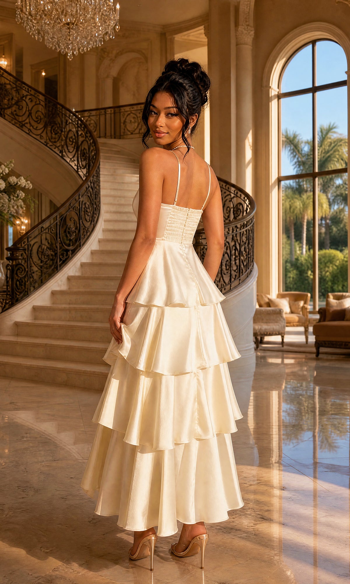 A woman wearing the Dear Moon J356015 tea length formal dress in pastel yellow and heels stands on a marble floor before a grand staircase in an elegant, sunlit room.